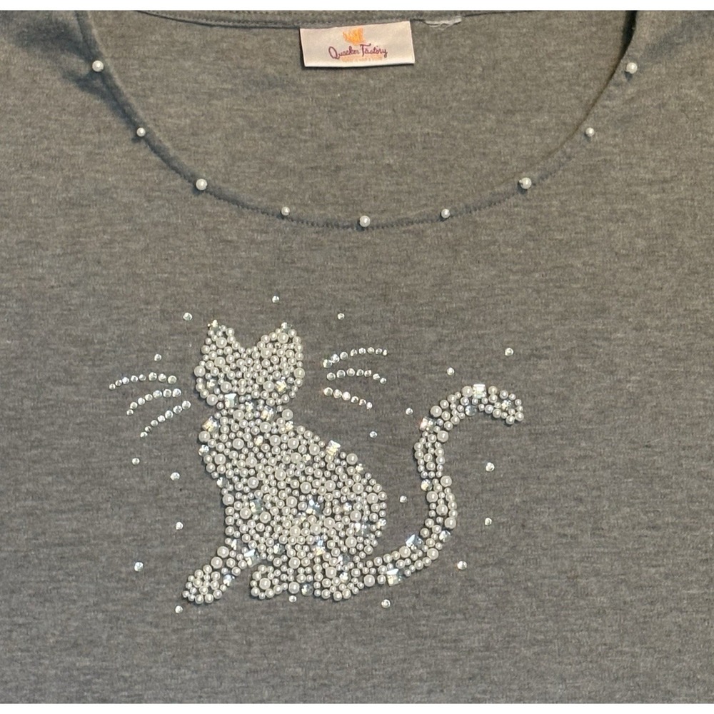 Quacker Factory 3X Cat Shirt Gray Simulated‎ Pearl Rhinestone Short Sleeve Women